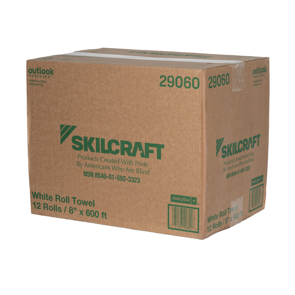 Hardwound white towel packaging box labeled with Skilcraft branding, featuring product details including size, quantity, and eco-friendly manufacturing by Americans who are blind.