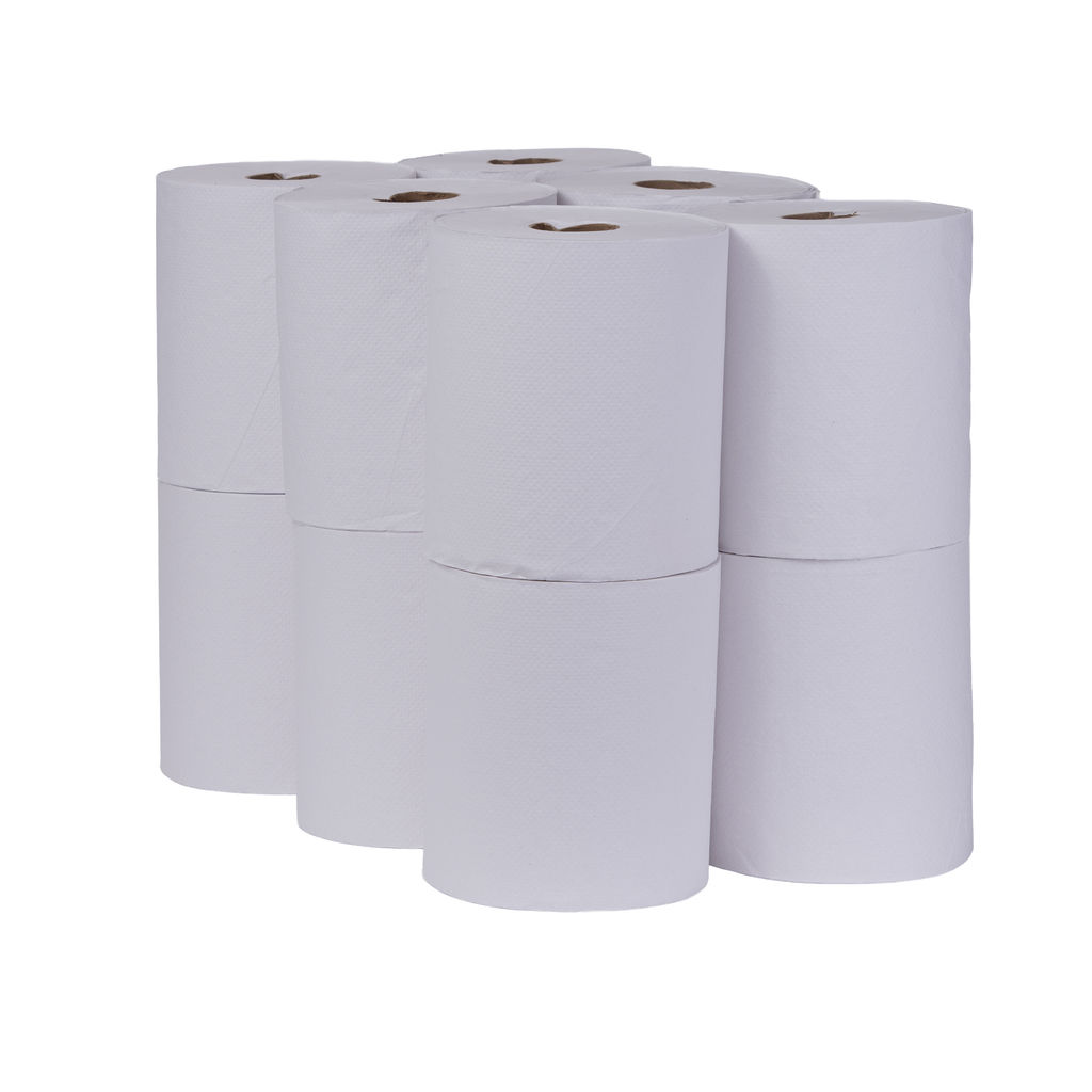 Hardwound white towels stacked, designed for universal dispensers, featuring micro-emboss for softness and absorbency, made from 100% recycled materials.