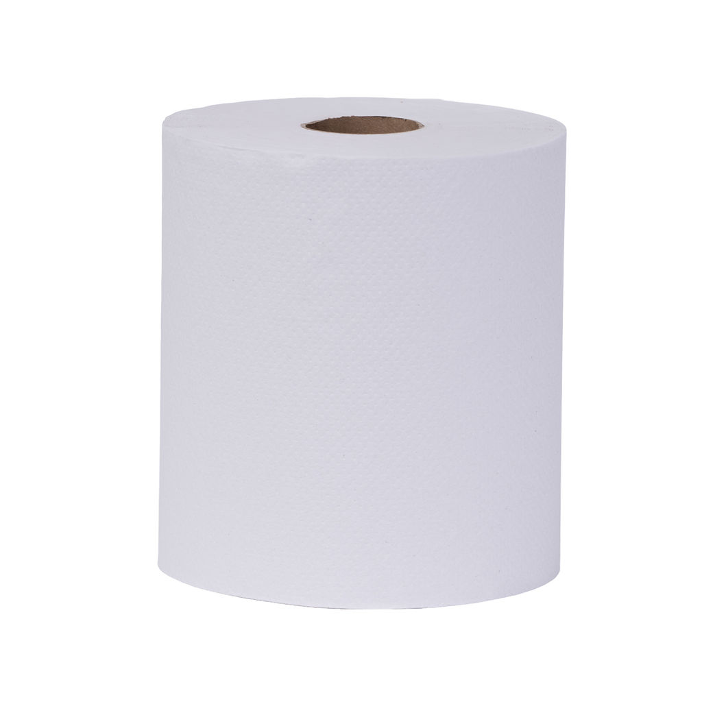 Hardwound white towel roll, 8 inches wide and 600 feet long, designed for universal dispensers, featuring a micro-emboss for softness and absorbency, made from 100% recycled materials.