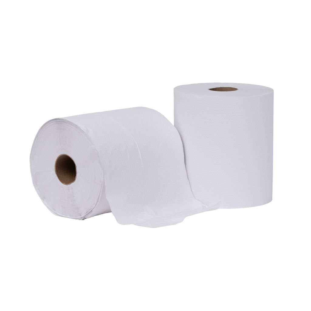 Hardwound white towel rolls, 8" width and 600' length, featuring a micro-emboss for softness and absorbency, suitable for universal dispensers.