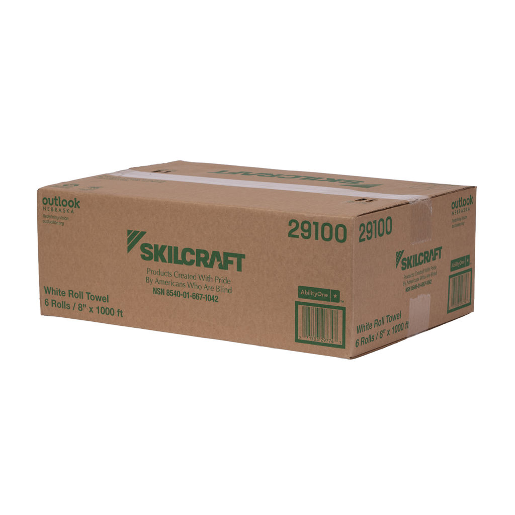 Box of Hardwound White Towels labeled "SKILCRAFT," containing 6 rolls, 8" x 1000', highlighting eco-friendly production by Americans who are blind.