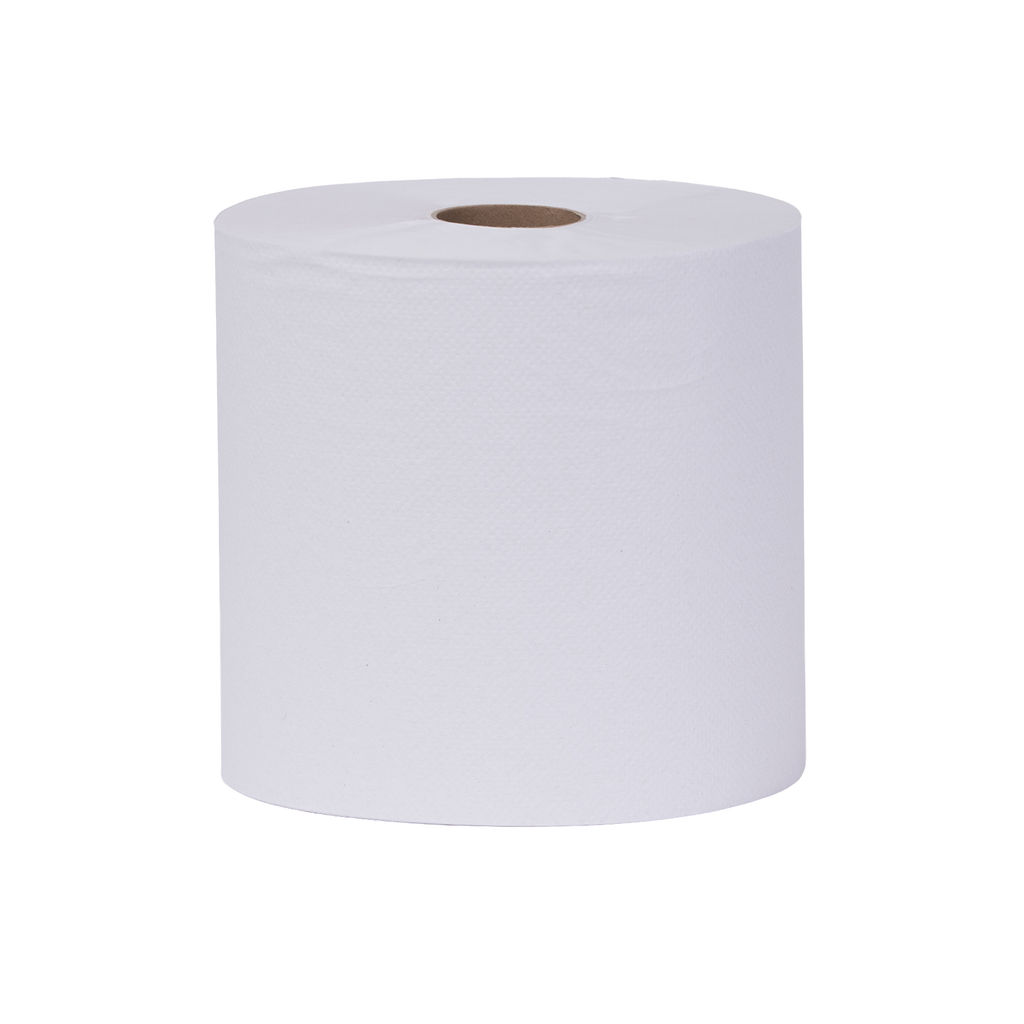 Hardwound white towel roll, 8 inches wide and 1000 feet long, designed for universal dispensers, featuring a micro-emboss for softness and absorbency.