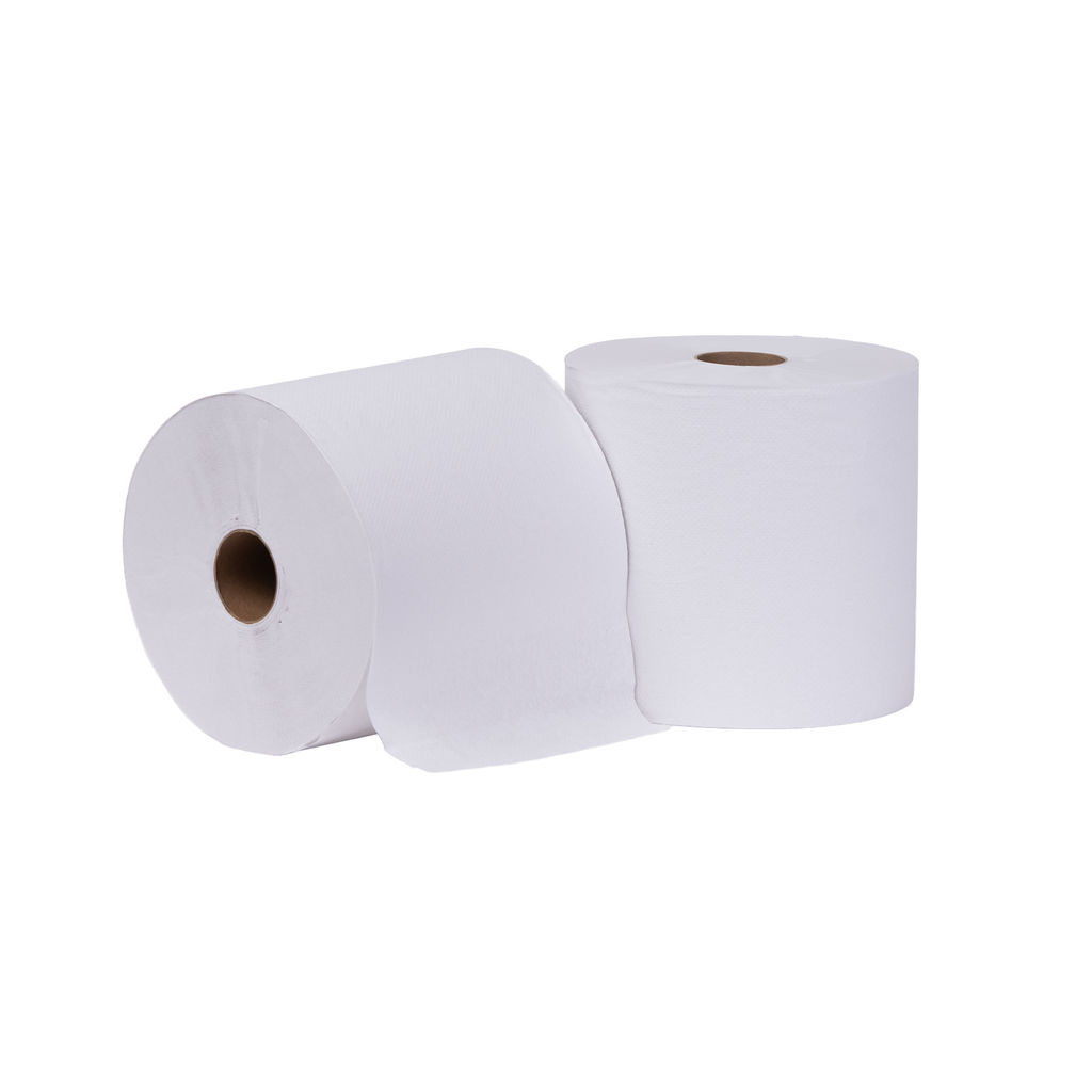 Hardwound white towels on rolls, showcasing eco-friendly design and suitability for universal dispensers, emphasizing absorbency and softness.