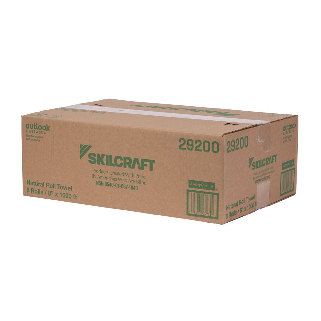 Box of Skilcraft Natural Roll Towels, labeled with product details including "Natural Roll Towel," "6 Rolls / 8″ x 1000 ft," and "Products Created With Pride By Americans Who Are Blind," emphasizing eco-friendly materials and accessibility.