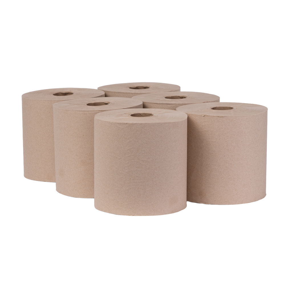 Hardwound natural towels in rolls, showcasing six 8" rolls made from 100% recycled materials, suitable for universal dispensers.