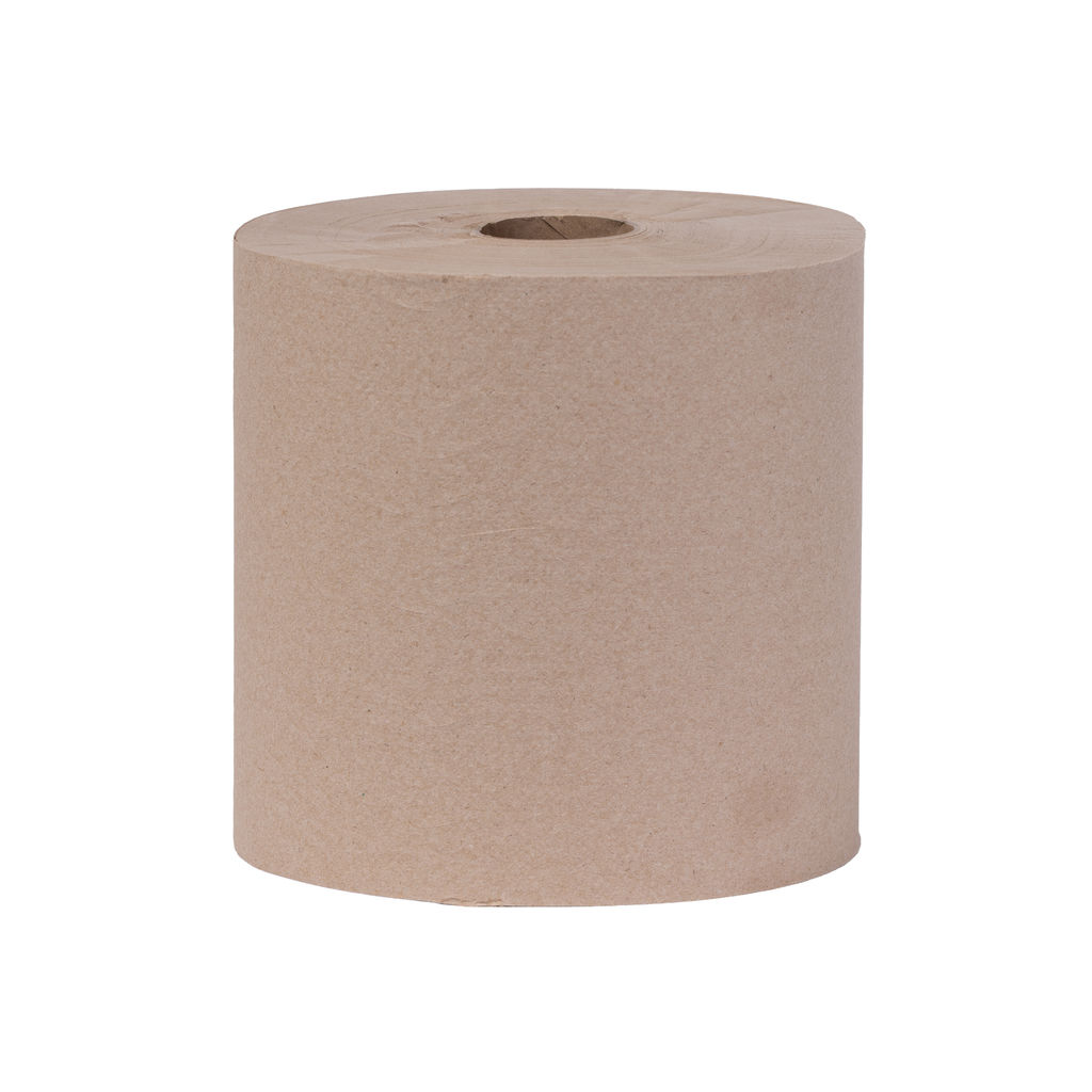 Hardwound natural towel roll, 8 inches wide and 1000 feet long, made from 100% recycled materials, featured in a product listing for environmentally friendly bathroom supplies.