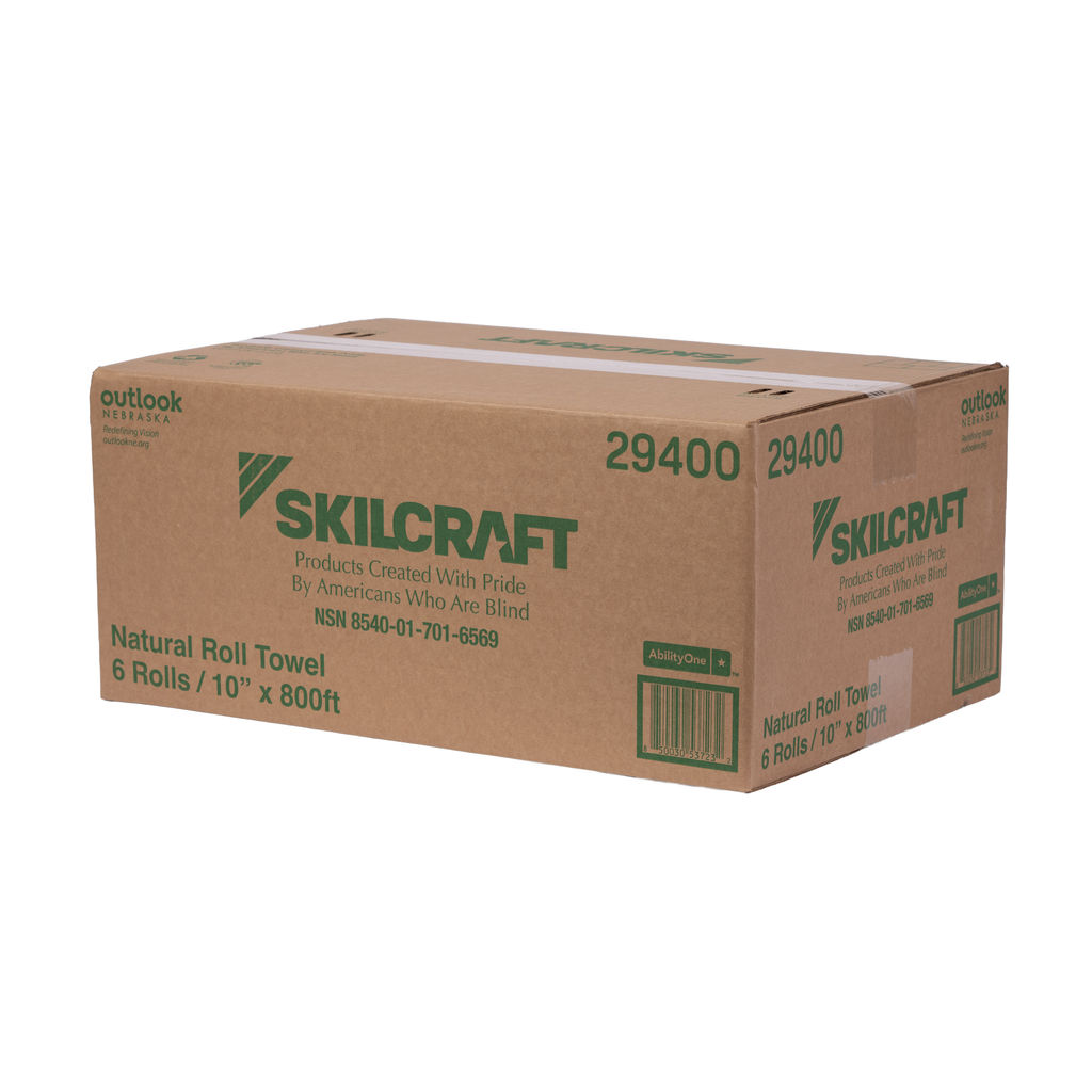 Cardboard box with SKILCRAFT branding, containing natural roll towels, labeled as 6 rolls of 10" x 800', showcasing eco-friendly and accessible product details from Outlook Nebraska.