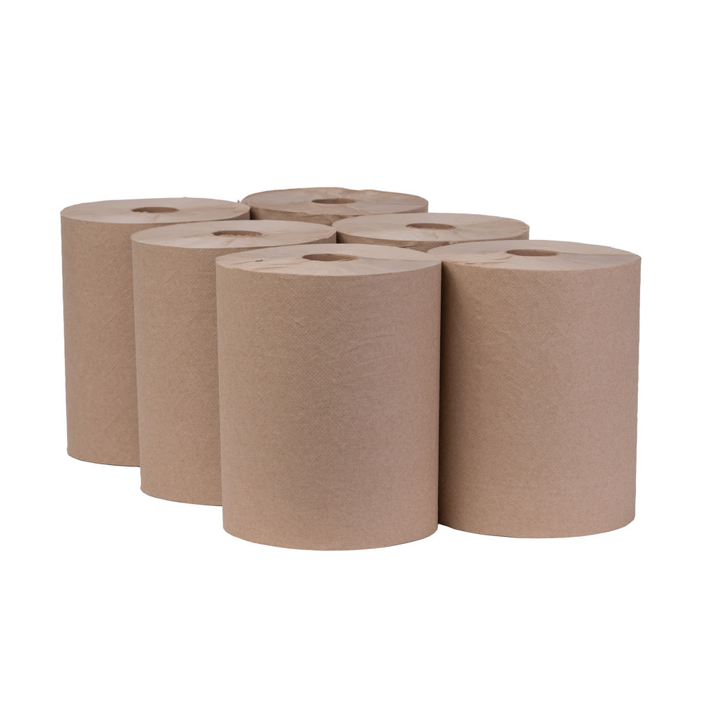 Hardwound natural towels in rolls, showcasing eco-friendly design and 100% recycled materials, suitable for universal dispensers.