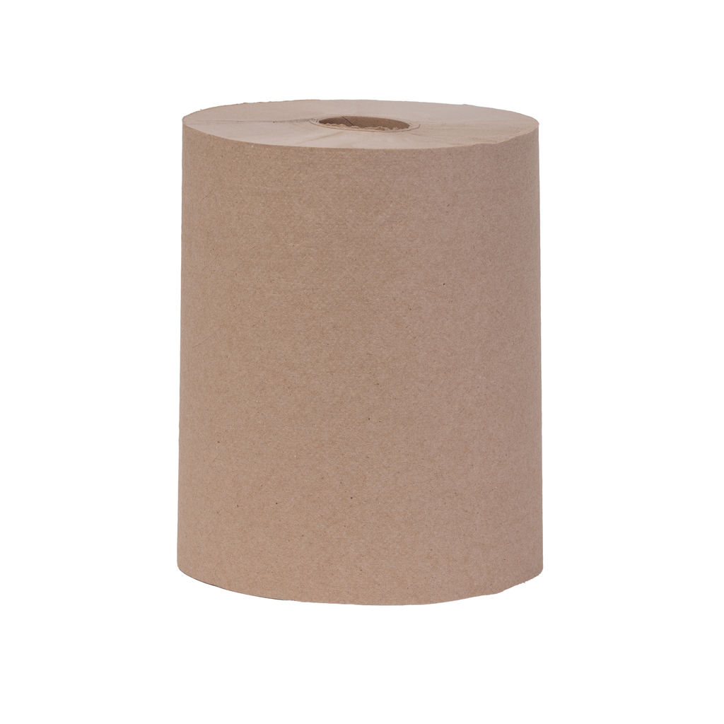 Hardwound natural towel roll, 10 inches wide, 800 feet long, eco-friendly, made from 100% recycled materials, suitable for universal dispensers.