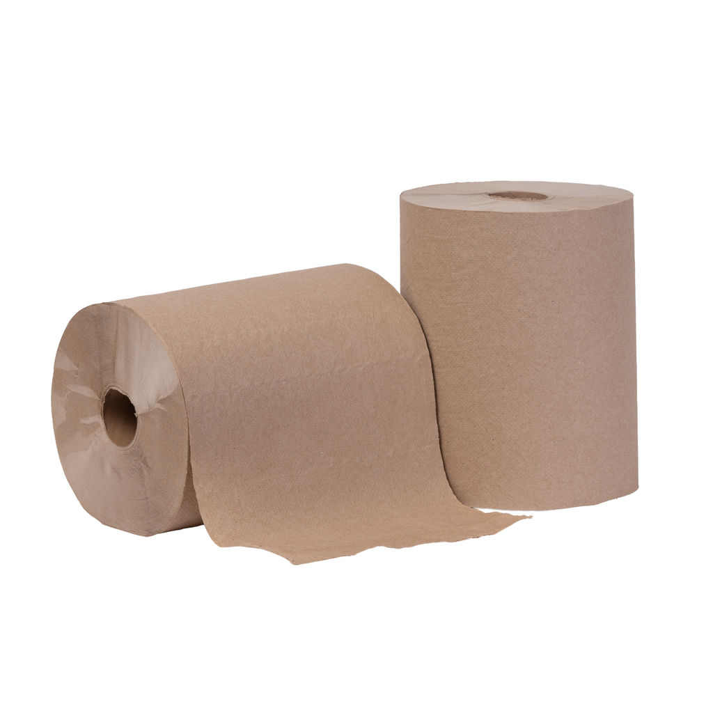 Hardwound natural towels in rolls, 10" width and 800' length, featuring eco-friendly recycled materials suitable for universal dispensers.