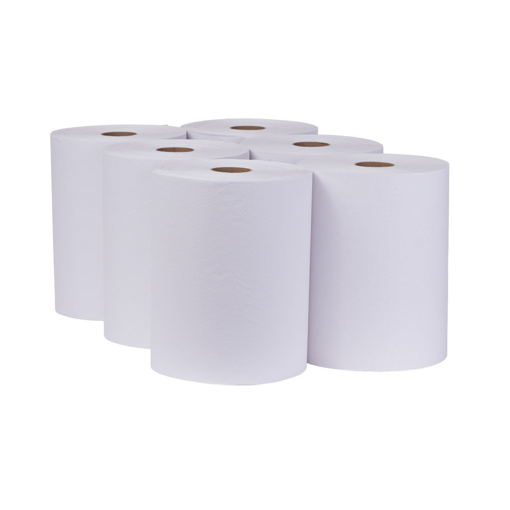 Hardwound white towels in a stacked arrangement, showcasing eco-friendly design and suitability for universal dispensers, featured in product listing by Outlook Nebraska.