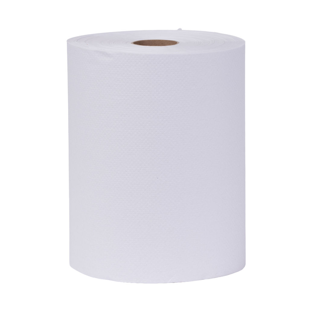 Hardwound white towel roll, 10" width and 800' length, designed for universal dispensers, featuring micro-emboss for softness and absorbency, eco-friendly with 100% recycled content.