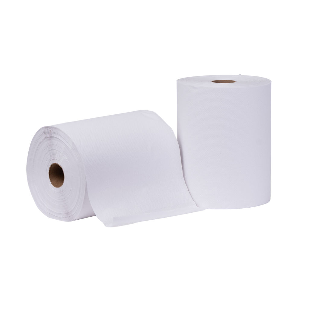 Hardwound white towel rolls, 10" width, showcasing eco-friendly features and suitability for universal dispensers, highlighting absorbency and soft texture.