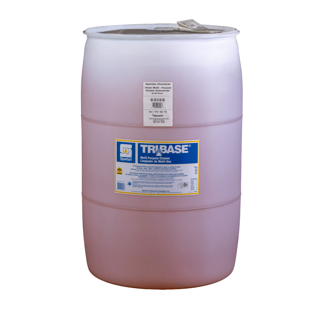 55-gallon drum of BioRenewables TriBase Multipurpose Cleaner Concentrate, featuring blue label with product details and instructions for use.
