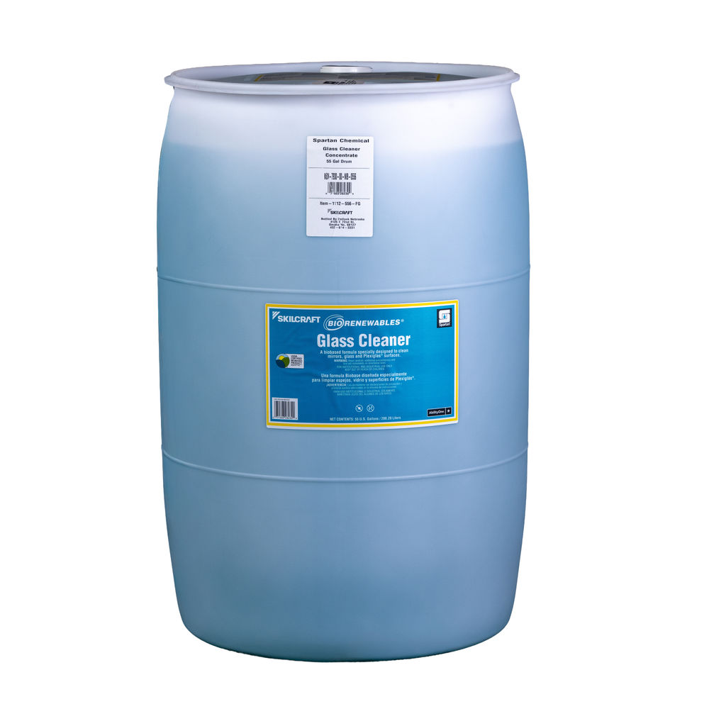 55-gallon drum of BioRenewables Glass Cleaner Concentrate with blue label, highlighting eco-friendly features and usage instructions.