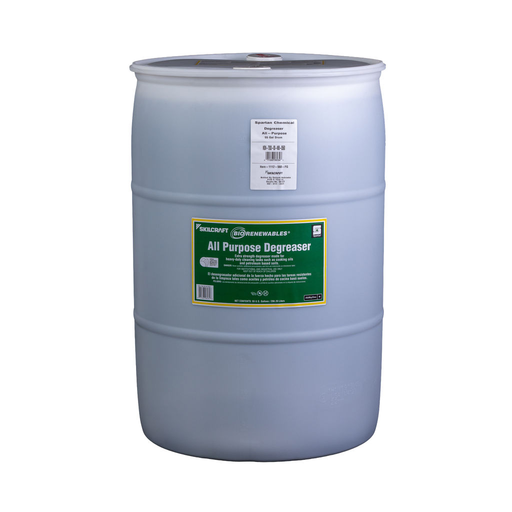 BioRenewables All Purpose Degreaser in a 55-gallon drum, featuring a green label with product information and safety data.