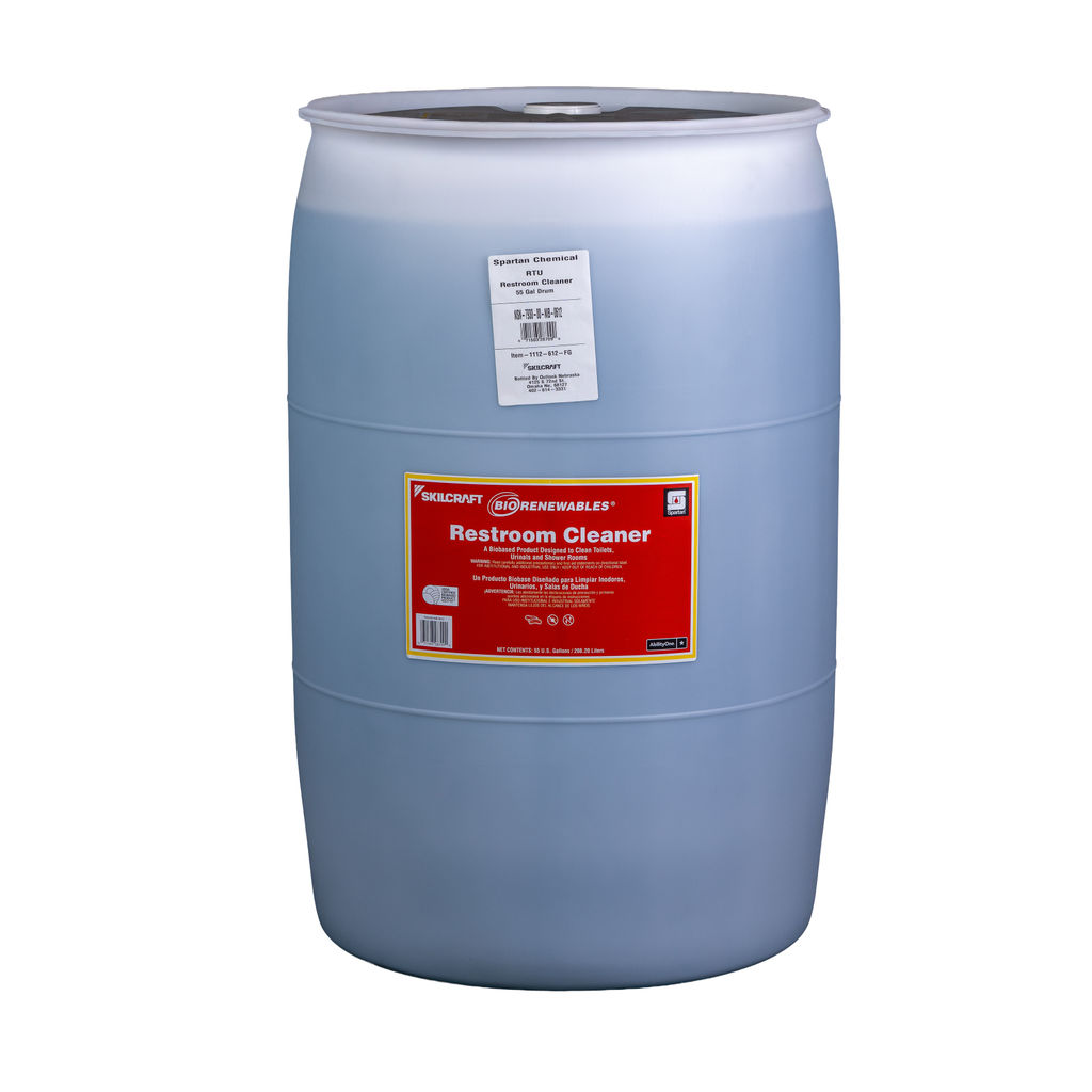 BioRenewables Restroom Cleaner in a 55-gallon drum, featuring a red label with product details and eco-friendly branding, designed for cleaning toilets and urinals.