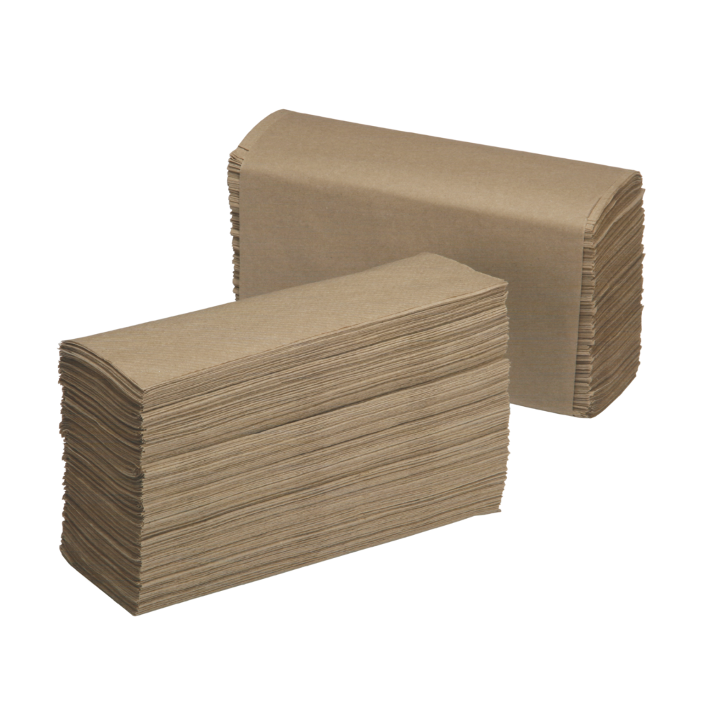 A bundle of natural multifold paper towels sits on top of another bundle that is wrapped in natural paper