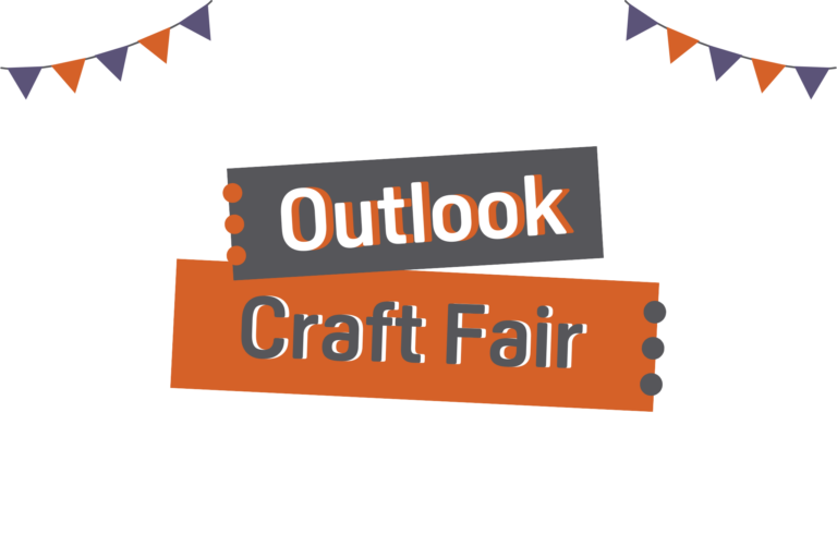 Text: "Outlook Craft Fair" with design elements of tickets and streamers