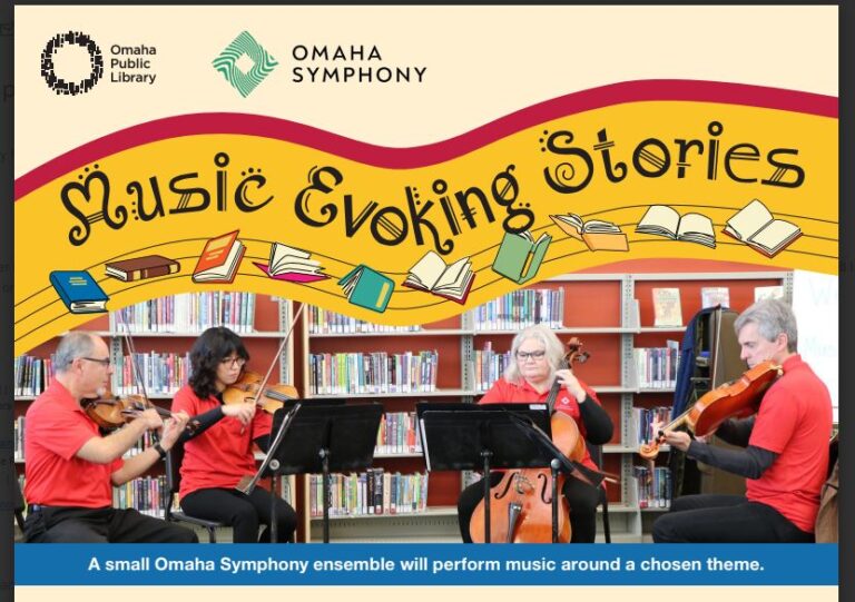 A promo picture provided by Omaha Public Library. There are three people playing various instruments with shelves of books in the background. The top banner reads Music evoking stories. Omaha Symphony and Omaha Public Library logos are shown.