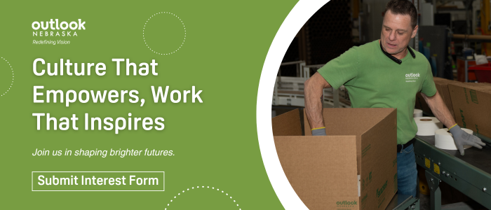 Graphic with Outlook associate placing toilet paper into a box. Text: "Culture That Empowers, Work That Inspires. Join us in shaping brighter futures. Submit Interest Form."