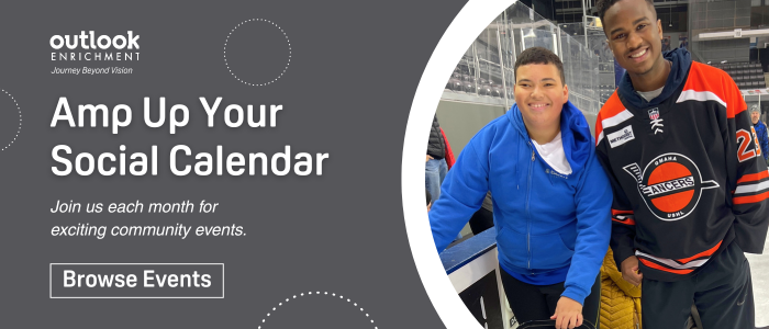 Photo of a youth man with a male Lancers hockey player smiling. Text: "Amp Up Your Social Calendar - Join us each month for exciting community events - Browse Events."