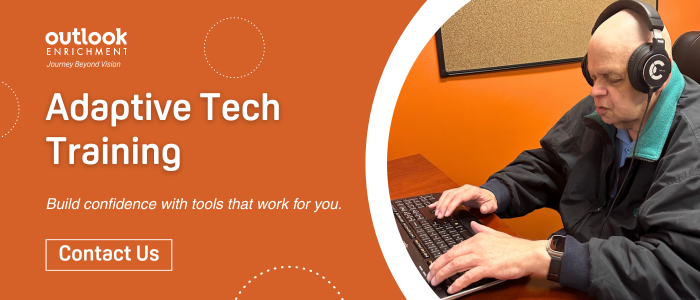 A male associate uses adaptive tech tools to edit a podcast. Text: "Adaptive Tech Training. Build confidence with tools that work for you."