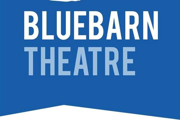A blue background with the words Bluebarn Theatre in all bapital letters in a lighter blue color.