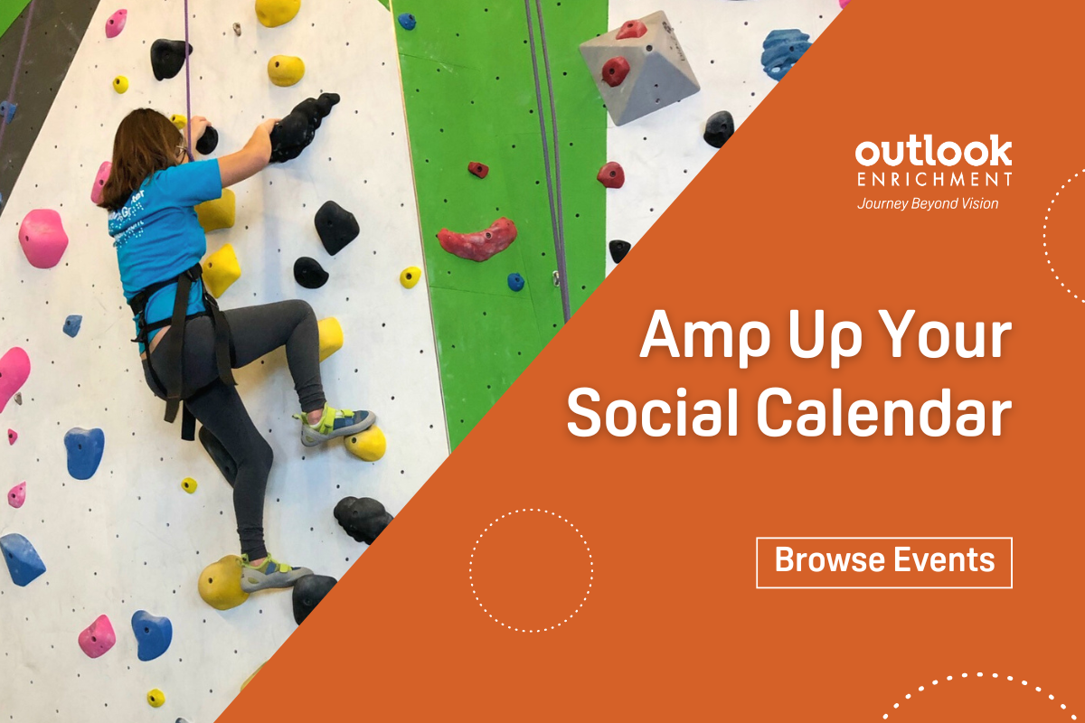 "Amp Up Your Social Calendar - Browse Events." A young girl is rock climbing in the graphic.
