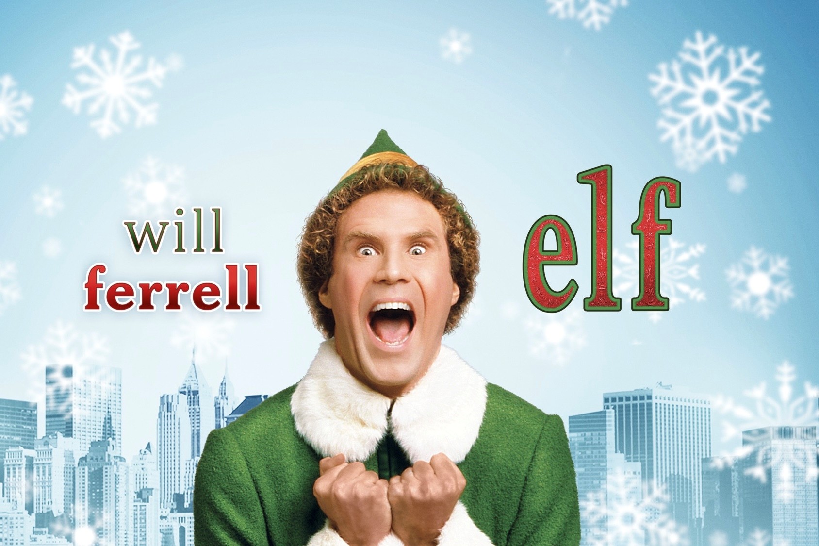 An advertisement for the movie that reads Will Farrell and Elf in red and green letters and features Will Farrell in a green elf outfit and tiny elf hat with his mouth open like e is yelling.