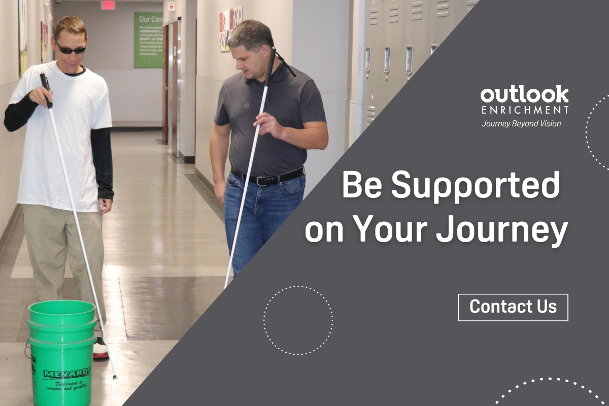 A male client practicing cane travel with a male trainer. "Be Supported on Your Journey - Contact Us."