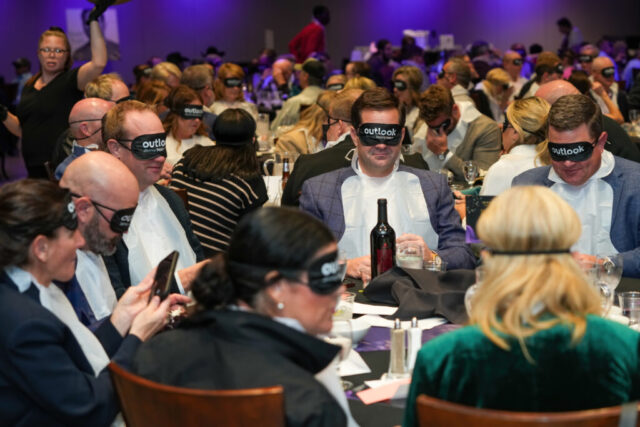 A group at their table wearing sleep shades.