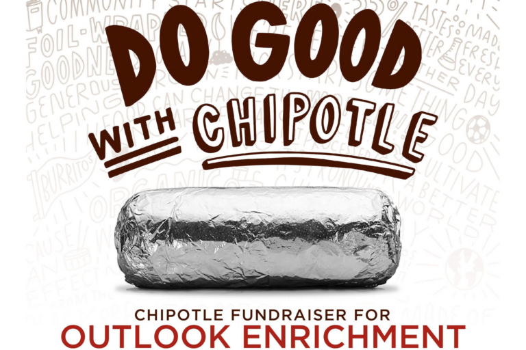Burrito with text: "Do Good with Chipotle - Chipotle Fundraiser for Outlook Enrichment."